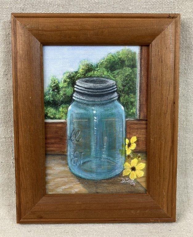 Folk Art Mason Jar Still Life Painting: Acrylic still life painting depicting a blue mason jar by a window, rendered in a folk art style and signed â€œP. Sloan.â€ Housed in a frame measuring approximately
