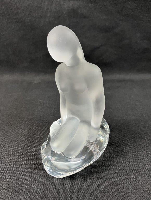 Reijmyre Swedish Art Glass Mermaid Paperweight: Frosted glass paperweight in the form of a mermaid by Reijmyre Glasbruk, retaining the makerâ€™s label and exhibiting a sculptural, decorative quality. Measures approximately 5