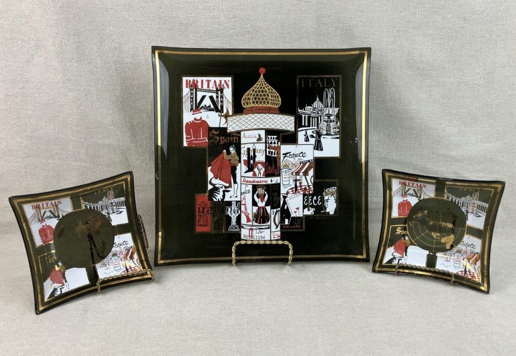 Mid Century Modern Don Baird European Travel Glass Trays: Set of glass trays featuring classic mid-century graphic representations of various European travel destinations, accented with gilt details. The largest measures approximately 3/4â€³