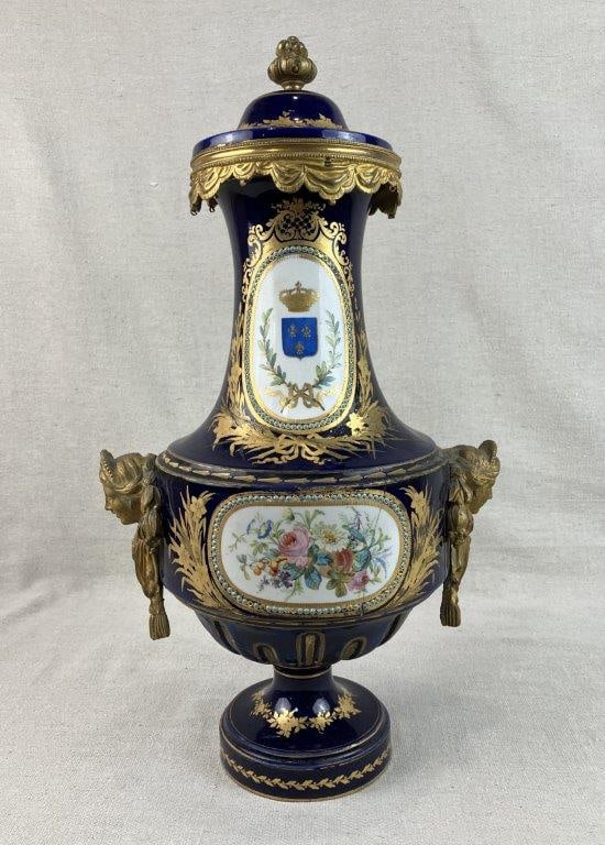 French Louis XVI Gilt and Cobalt Decorated Porcelain Covered Vase - 12