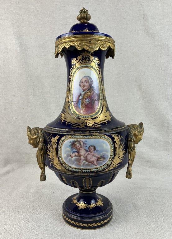 French Louis XVI Gilt and Cobalt Decorated Porcelain Covered Vase - 4