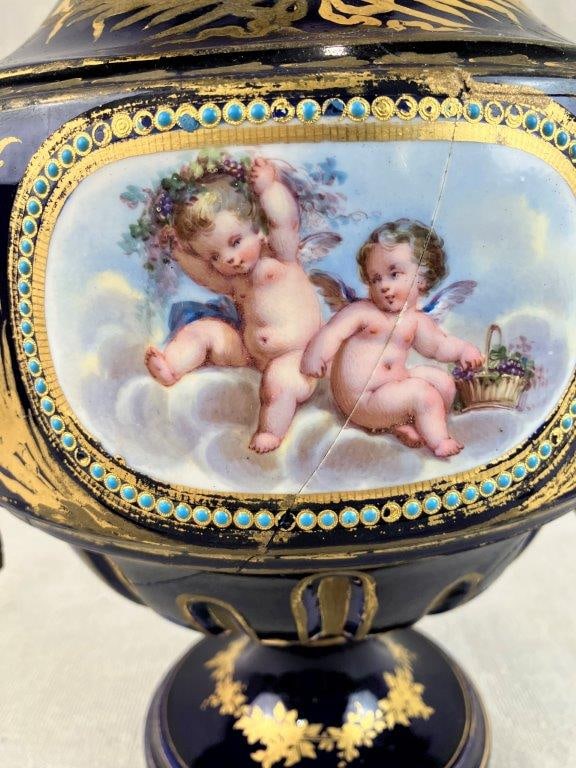 French Louis XVI Gilt and Cobalt Decorated Porcelain Covered Vase - 8