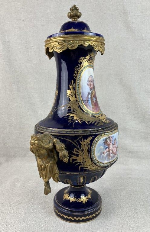 French Louis XVI Gilt and Cobalt Decorated Porcelain Covered Vase - 9