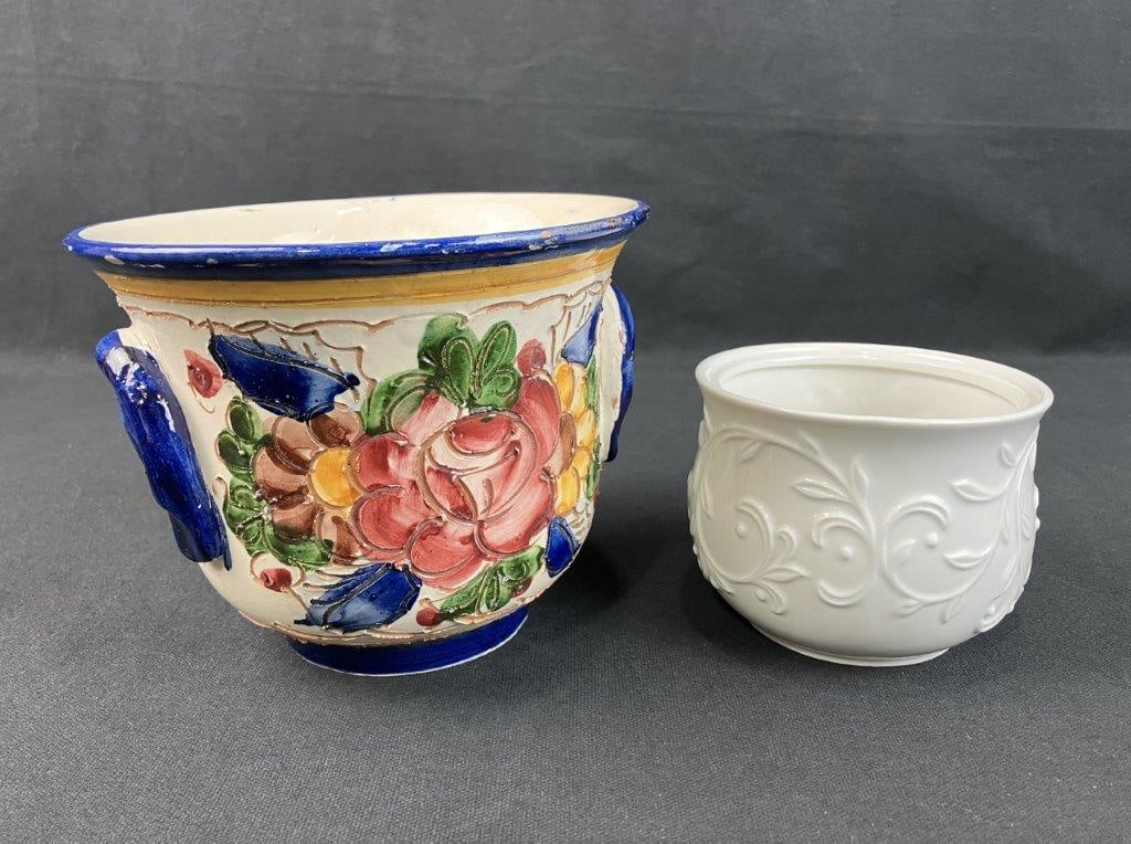Two Vessels Including Lenox Fruit Bowl: Group of two ceramic vessels including a planter or bowl with a painted rose design in vibrant tones and applied handles, together with a sugar or fruit bowl from the Lenox Opal Innocence Carved