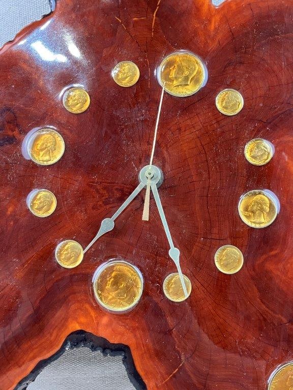 Mid Century Modern Tree Slice and Coin Wall Clock - 2