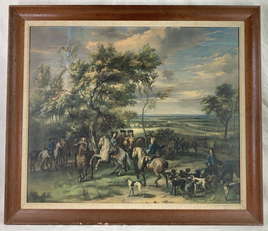 Royal Hunt, Pieter van der Meulen, Print: This 20th-century print on board is a stately reproduction after an original work by the Flemish artist Pieter van der Meulen. The expansive composition depicts King William III with a hunting party