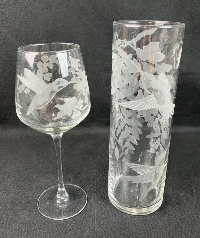 Hummingbird Etched Glass Vase and Wine Glass (1 of 9)