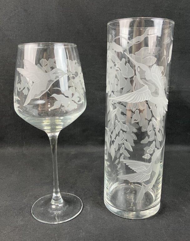 Hummingbird Etched Glass Vase and Wine Glass - 2