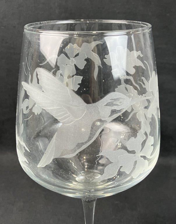 Hummingbird Etched Glass Vase and Wine Glass - 4
