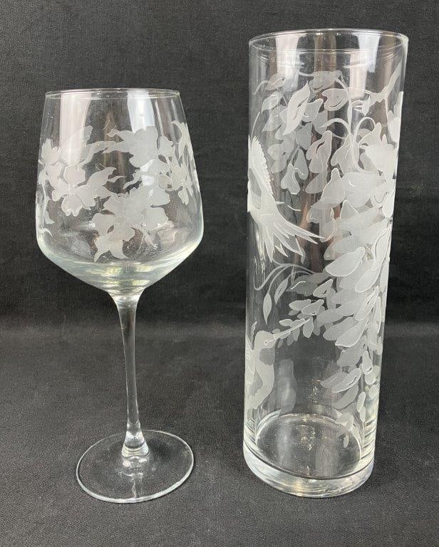 Hummingbird Etched Glass Vase and Wine Glass - 5