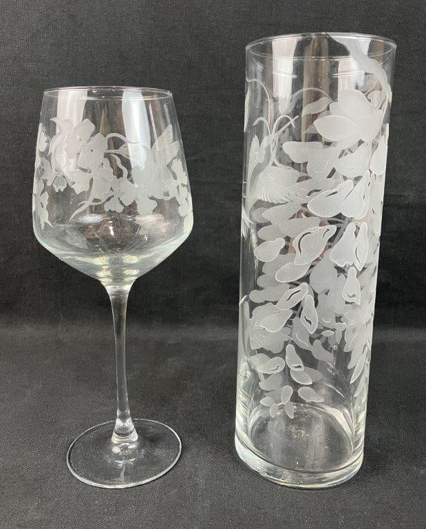 Hummingbird Etched Glass Vase and Wine Glass - 6