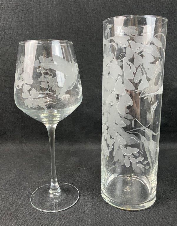 Hummingbird Etched Glass Vase and Wine Glass - 7