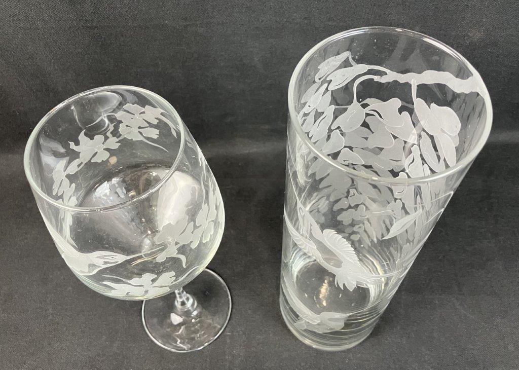 Hummingbird Etched Glass Vase and Wine Glass - 8