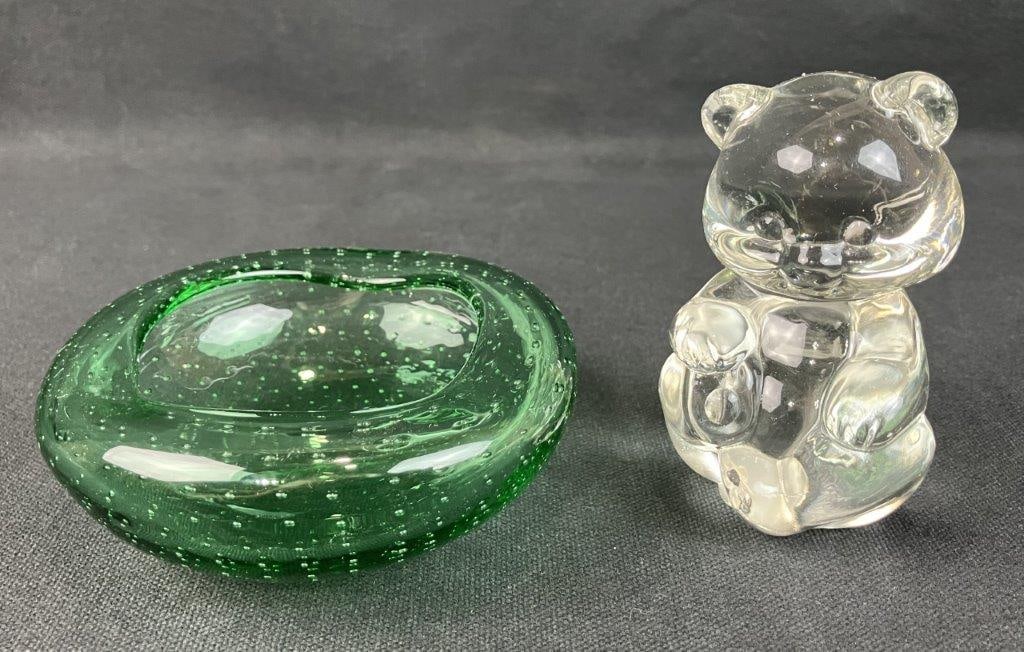 Art Glass Fenton Bear and Bowl: Grouping of art glass including a soft green glass bowl and a charming bear figure by Fenton Art Glass Company. The bear measures approximately 3 3/4â€³ H x 2â€³ W x