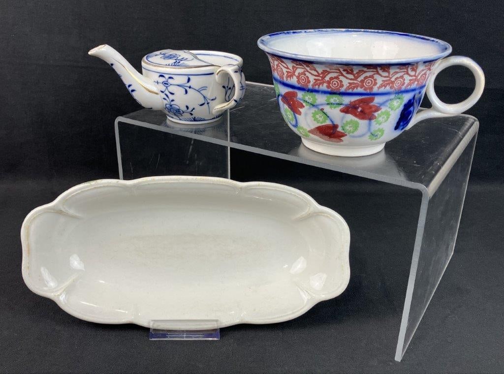Three Dishes Including Ironstone: Group of three dishes including an ironstone example by the Wright Brand Company of Atlanta, a blue and white porcelain invalid feeder cup with chinoiserie-inspired decoration, and a bowl with