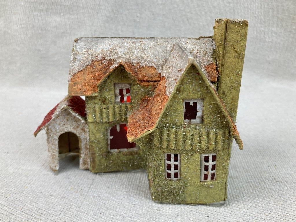 Miniature Paper Mache House: Charming paper mÃ¢chÃ© model of a 19th century country estate, featuring a glittery, textural finish and hand-crafted detailing. Measures approximately 4â€³ H x