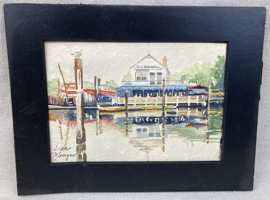Coastal Restaurant on the Dock Watercolor: Watercolor depicting a bar and grill restaurant situated on a dock along a southern coastal waterway, rendered in a relaxed, scenic style and signed, appearing to read â€œLiane