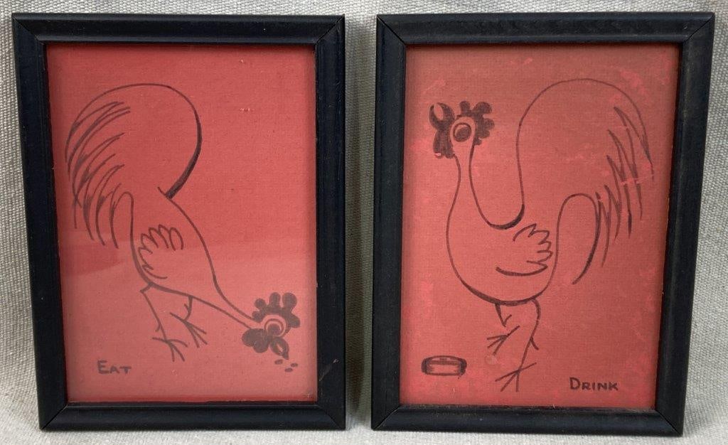 Pair of Chicken Drawings: Two caricature-style drawings of chickens with an illustrative quality, executed on red paper and presented in a black frame. Frame measures approximately 7 5/8â€³ H x 5
