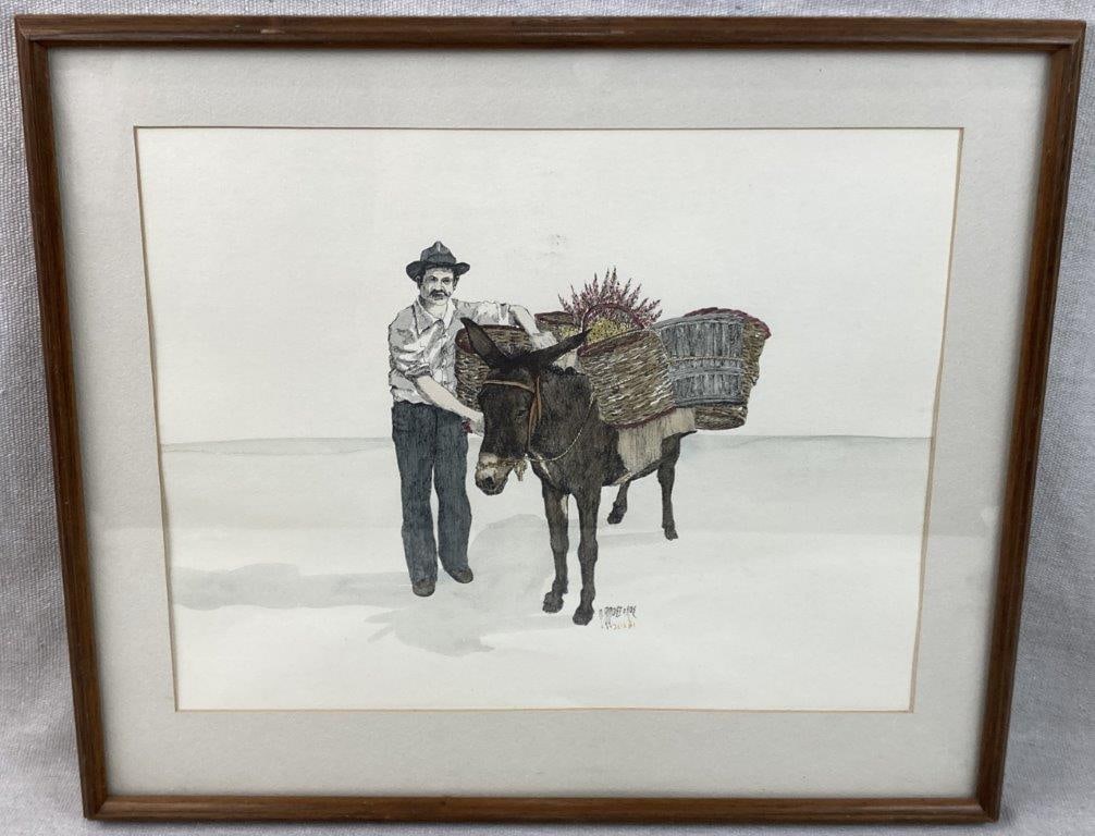 Man with a Donkey Hand-Colored Lithograph: Hand-colored lithograph enhanced with watercolor, featuring a man with a donkey in a detailed composition with rich, vibrant tones, dated 1981 and signed with a Greek name. Housed in a wood frame.
