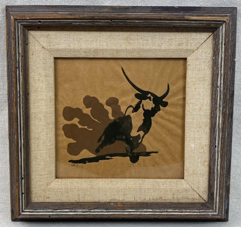 Limited Edition Bull Relief Print: Relief print, likely linocut, depicting a dynamic bullfighting scene in a restrained two-color composition, signed â€œSewellâ€ and dated 1967, editioned 2/7. Housed