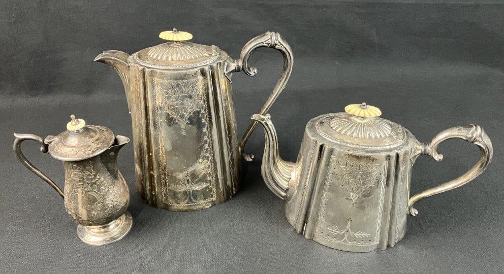 19th Century Silver Plate Teapots and Creamer - 2