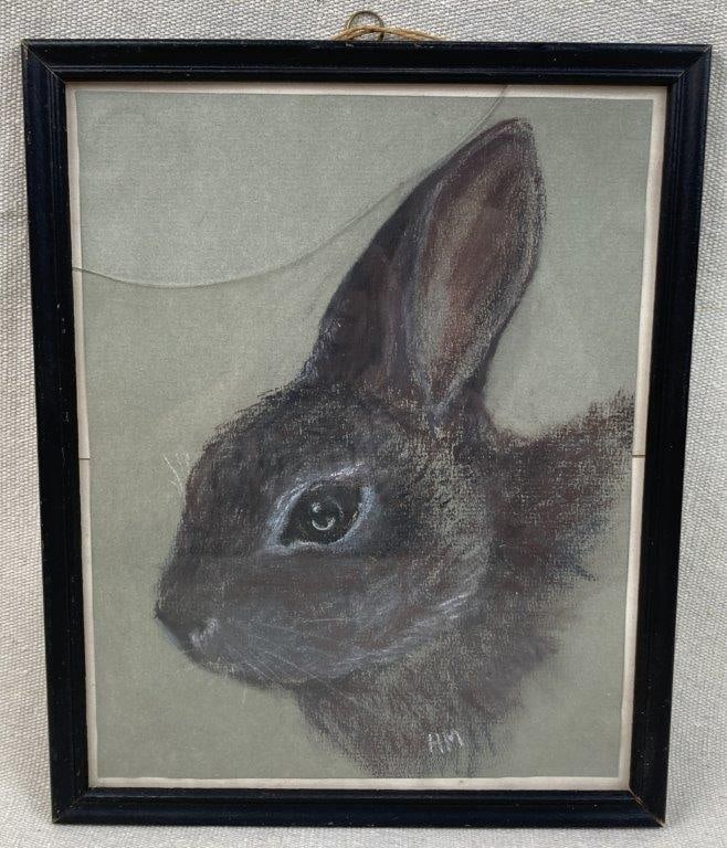Rabbit Conte Crayon Drawing: Finely rendered study of a rabbitâ€™s face executed in conte crayon, displaying careful shading and expressive detail, signed â€œHMâ€ at lower edge,