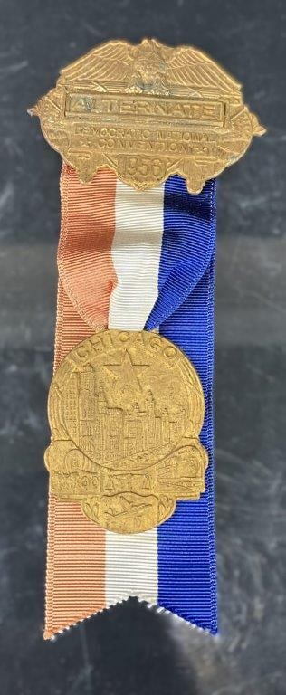 Alternate Chicago Democratic National Convention Medal, 1956: Patriotic medal or pin from the 1956 Democratic National Convention, featuring classic mid-century design elements. Measures approximately 4 1/2â€³ H x 1 3/8â€³ W x