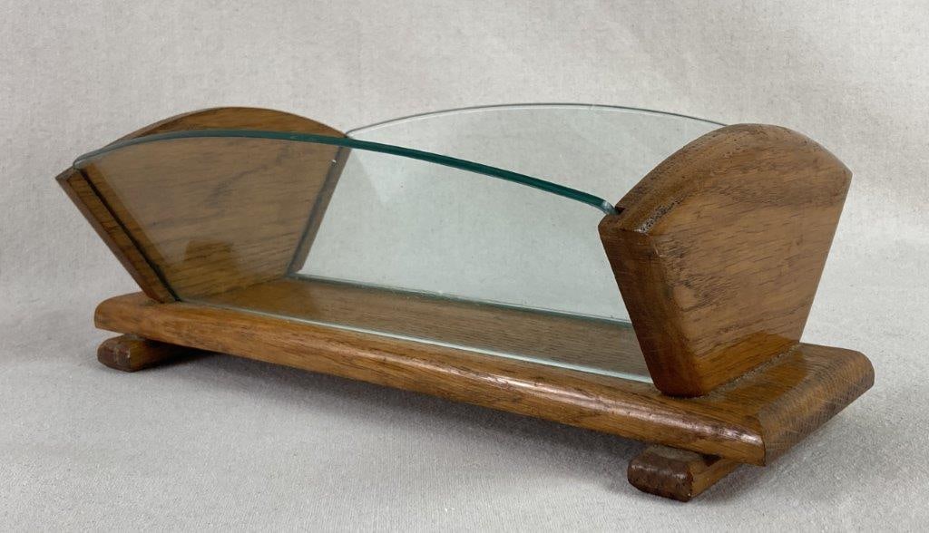 Art Deco Fruit Trough: An elegant Art Deco-era fruit trough featuring a solid oak frame with distinctive fan-shaped sides and a rectangular base. The design is defined by two curved glass panels that follow the geometric