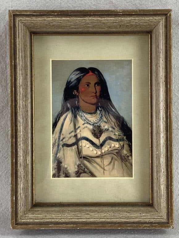 "Mint, A Pretty Girl", George Catlin, Print: A reproduction portrait by George Catlin, titled "Mint, A Pretty Girl," depicting a Native American woman in traditional Mandan attire after his original 1832 painting. Catlin is renowned for his