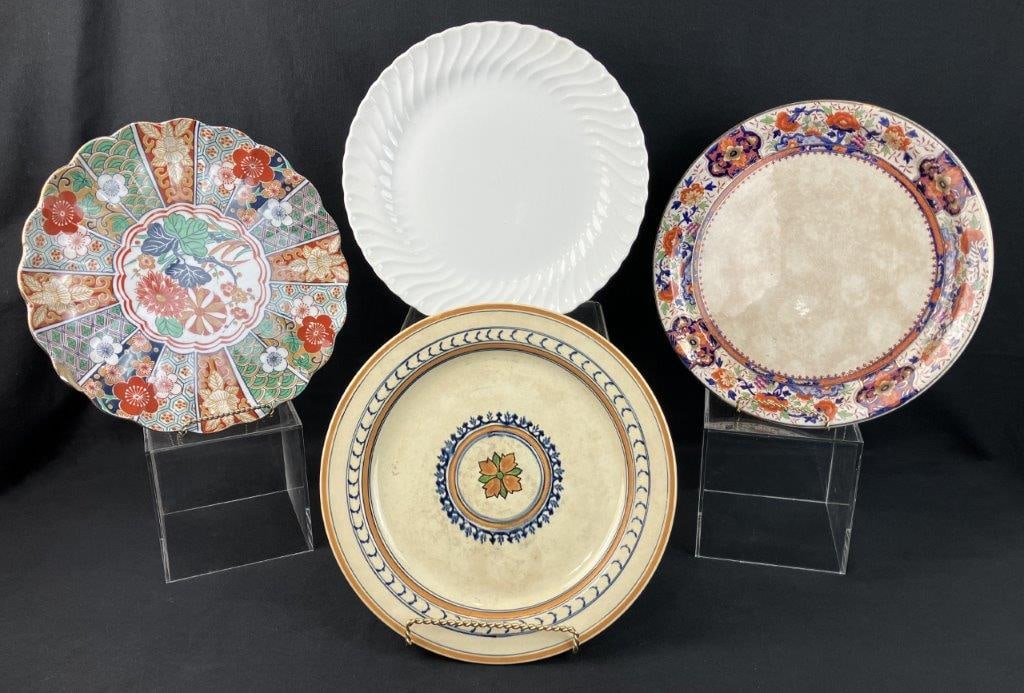 Four Decorated Plates: Group of four decorated plates including an example in the Imari style, a Titian ware piece in an Italianate style, together with English and American examples, each displaying varied decorative