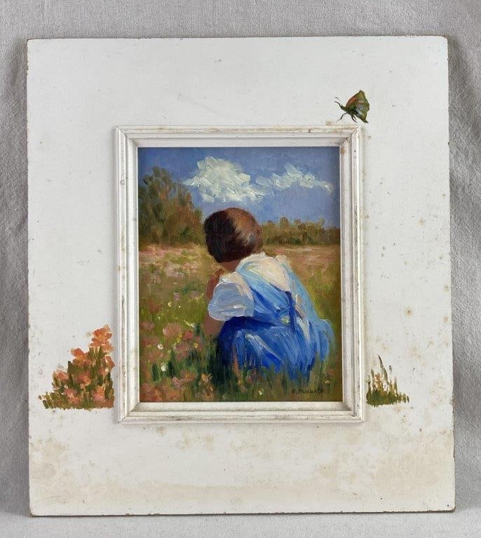H. Musante, Oil Painting: This charming impressionist style oil painting by artist H. Musante captures a nostalgic moment of childhood wonder, depicting a girl in a blue dress kneeling to sniff a flower in a sun-drenched