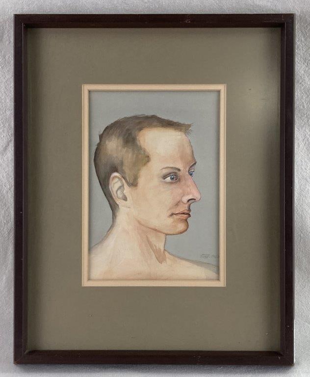 Signed Mid-Century Watercolor Portrait: This 1960 watercolor portrait captures a quintessential mid-century aesthetic, depicting a man with short blonde hair and blue eyes set against a tranquil light blue background. The