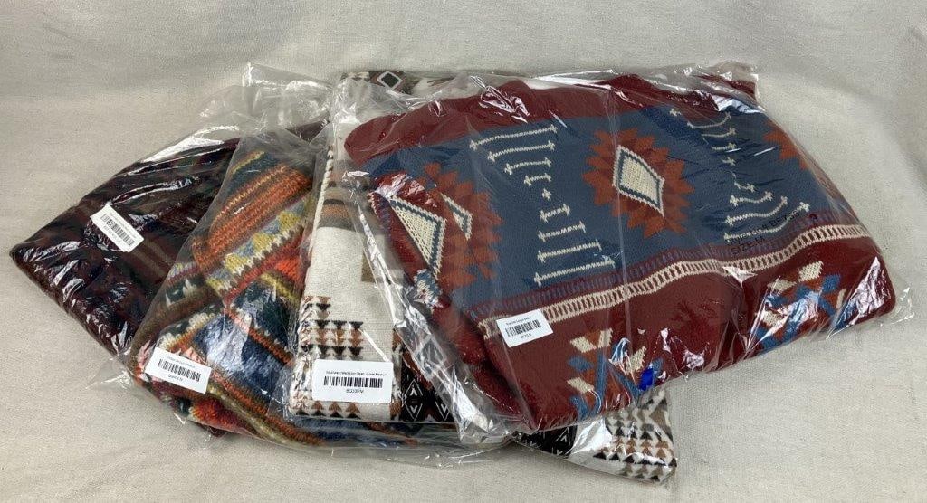 Four Southwestern Jacket Pieces: Assortment of four Southwestern-style garments, including one poncho (one size fits all), two cardigans, and one jacket, featuring characteristic regional patterns and colors. One package measures