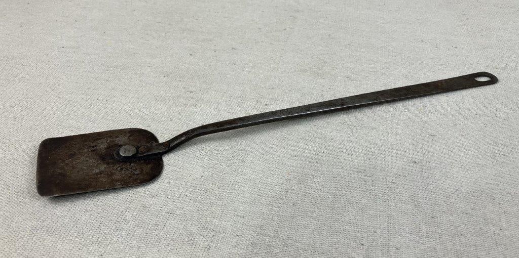 19th Century Hand-Forged Spatula: Hand-forged spatula demonstrating traditional blacksmith craftsmanship, with a simple utilitarian form. Measures approximately 13 1/2â€³ H x 2 1/4â€³ W x