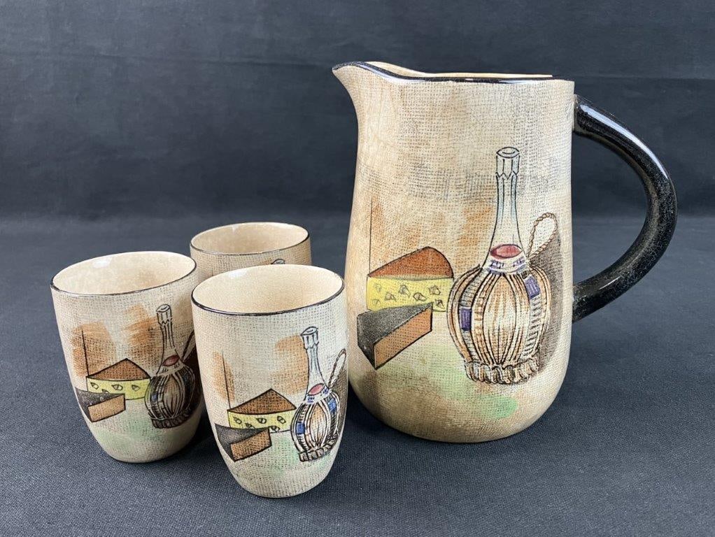 Capri Pitcher and Cup Set by Royal Sealy: Vintage ceramic set including one pitcher and three cups, decorated with a wine and cheese motif on a cream crackle ground, produced by Royal Sealy. The pitcher measures approximately 6