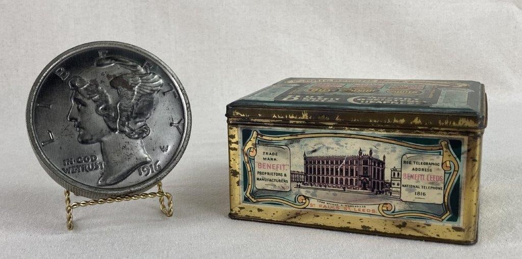 Public Benefit Boot Company Advertisement Tin with Coin Tin: This duo of vintage-style tins combines early 20th-century British retail history with American numismatic commemoration, featuring a nostalgic advertisement tin for the Public Benefit Boot Company