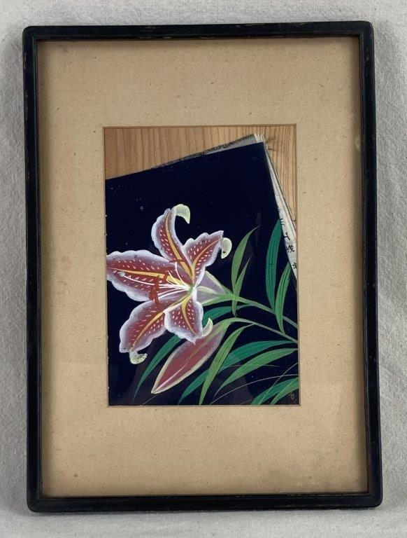Japanese Nihonga Stargazer Lily Painting: This vibrant painting on silk showcases the delicate mastery of the Nihonga tradition, featuring a strikingly detailed depiction of a Stargazer Lily. The painting is signed in the bottom right and is