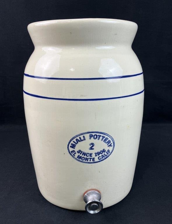 Miali Pottery Water Cooler: Stoneware water cooler crock produced in El Monte, California, with a 2-gallon capacity, typical utilitarian form. Measures approximately 12â€³ H x 7 1/4â€³ in