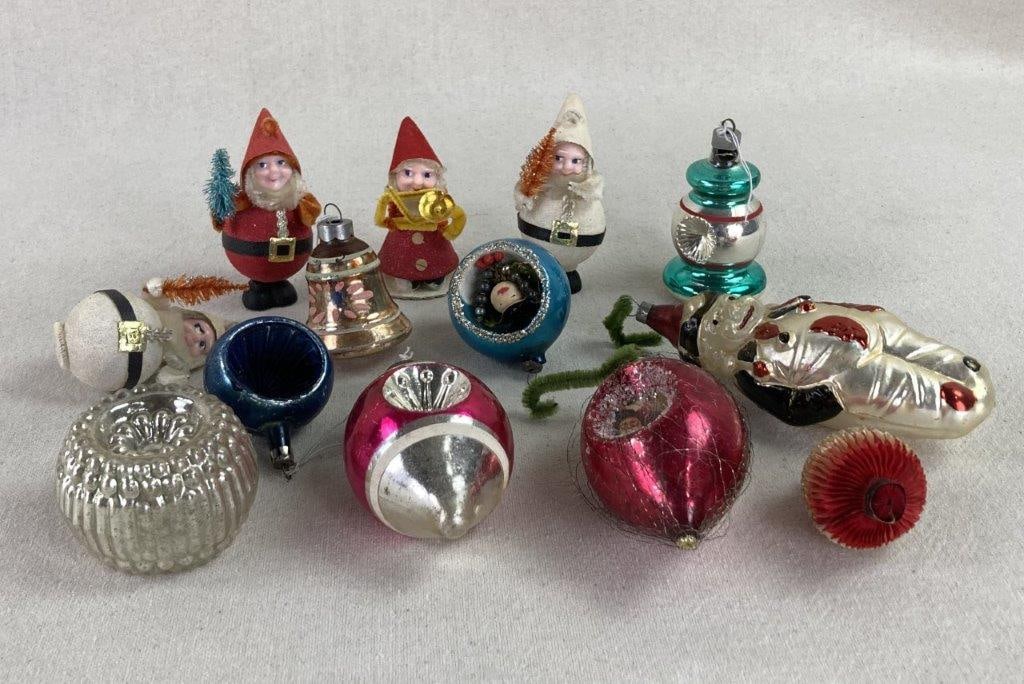 20th Century Christmas Ornament Lot: This festive 13-piece lot offers a nostalgic blend of mid-century holiday textures and character designs. The collection features four mixed-material Santa figures, each stamped "Japan" on the base,