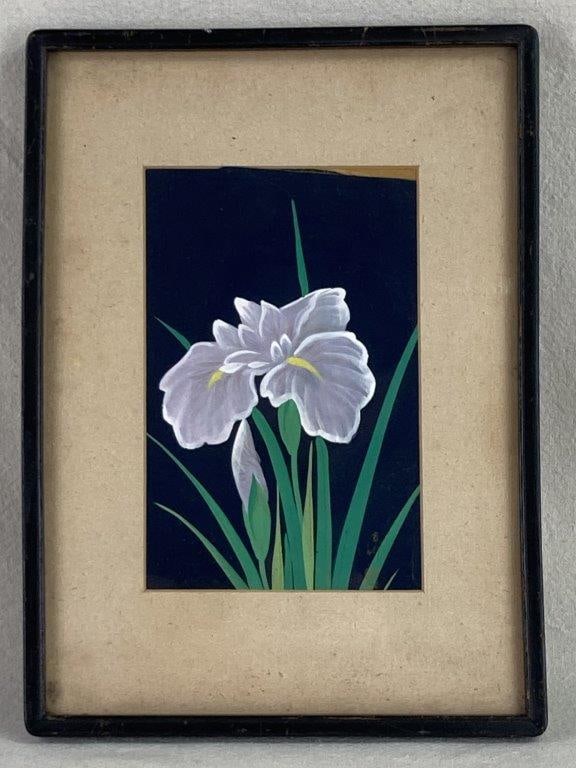 Japanese Nihonga White Irises Painting: This exquisite painting on silk is a beautiful example of the Nihonga style, offering a serene and vibrant depiction of white irises. The work captures the delicate elegance of the petals and the