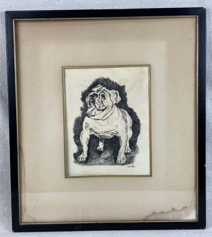 Bull Dog Pen and Ink Drawing: Character-filled depiction of a bulldog rendered in pen and ink, signed by the artist, and presented in a black frame with gilt liner. Frame measures approximately 18â€³ H x