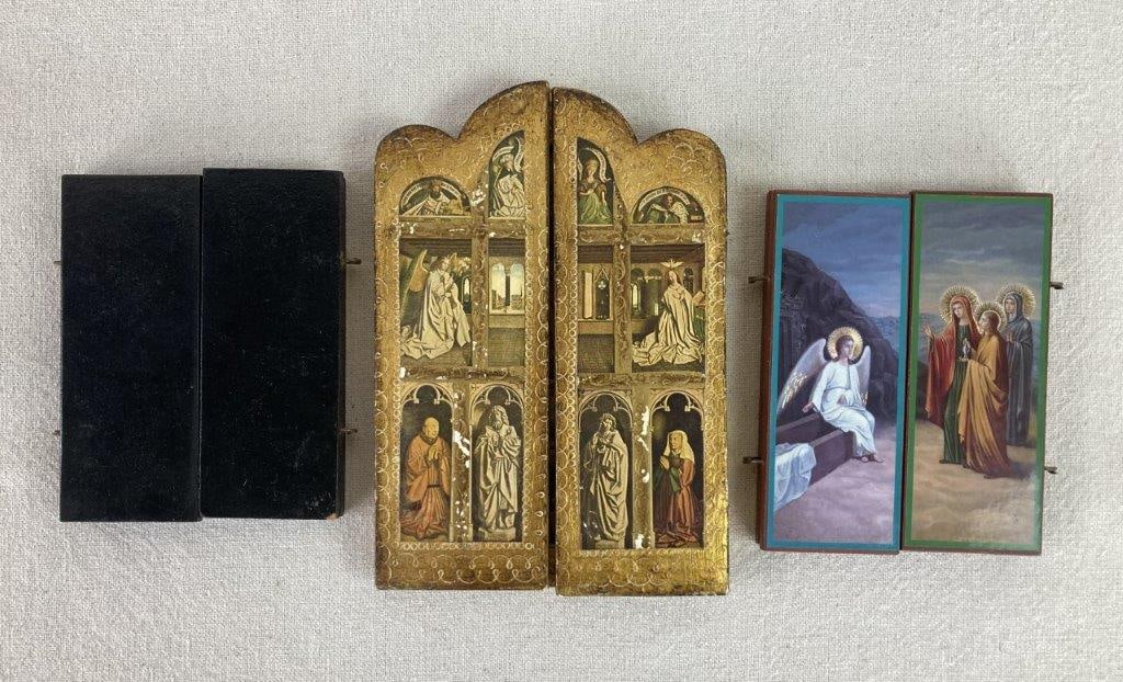 Three Triptych Religious Icons: This collection of three devotional triptychs showcases the intricate beauty of Orthodox liturgical art, ranging from classic iconography to festive gold-toned reliefs. The set includes a depiction