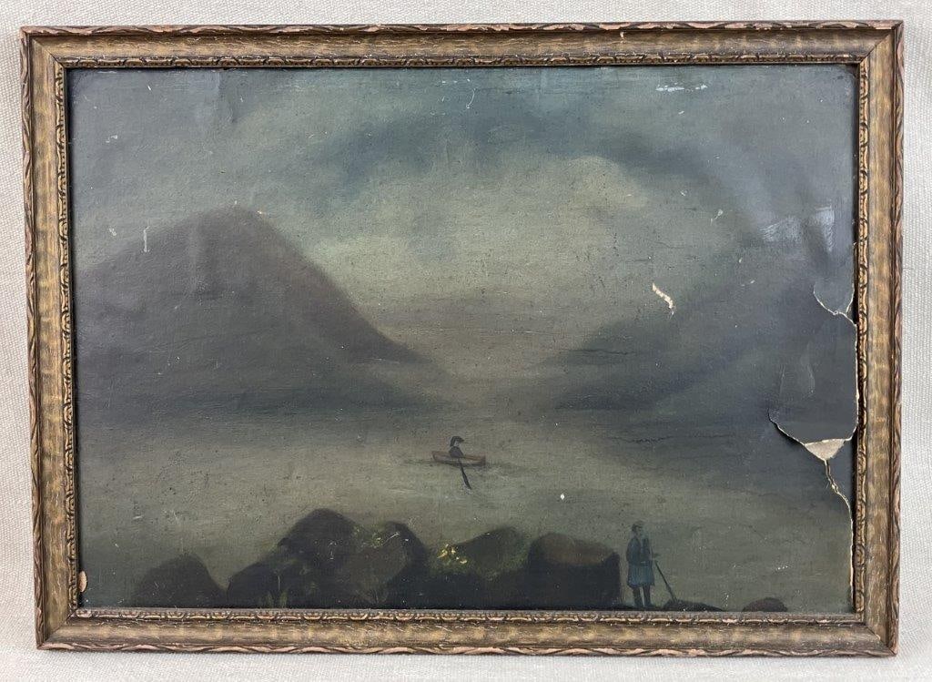 19th Century Boat on the Lake Oil Painting: Oil painting depicting a boat on a lake with a male passenger and a figure near rocks in the foreground, set within a mountainous lakeside landscape, rendered in a somber and atmospheric palette.