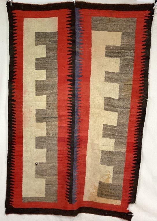 Early 20th Century Navajo Eye Dazzler Rug: Early 20th century Navajo rug with a geometric pattern, rendered in vivid reds and neutral tones, exhibiting a bold and balanced textile design. Measures approximately 89â€³ H x