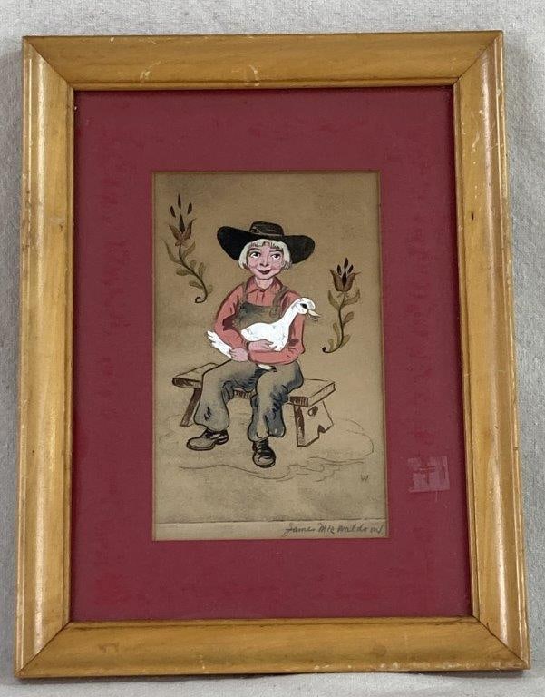 James M. K. Waldron, Amish Boy, Watercolor Painting: This evocative 20th-century engraving by James M. K. Waldron captures a quiet, pastoral moment, depicting a young Amish boy seated on a bench gently holding a duck. The work displays a clear plate