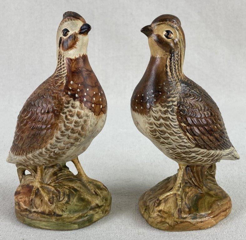 Georgia Pottery Quail Figures: These two charming ceramic figures are quintessential examples of regional decorative pottery, hand-painted to capture the distinctive plumage and rounded form of the quail. Each bird stands on a