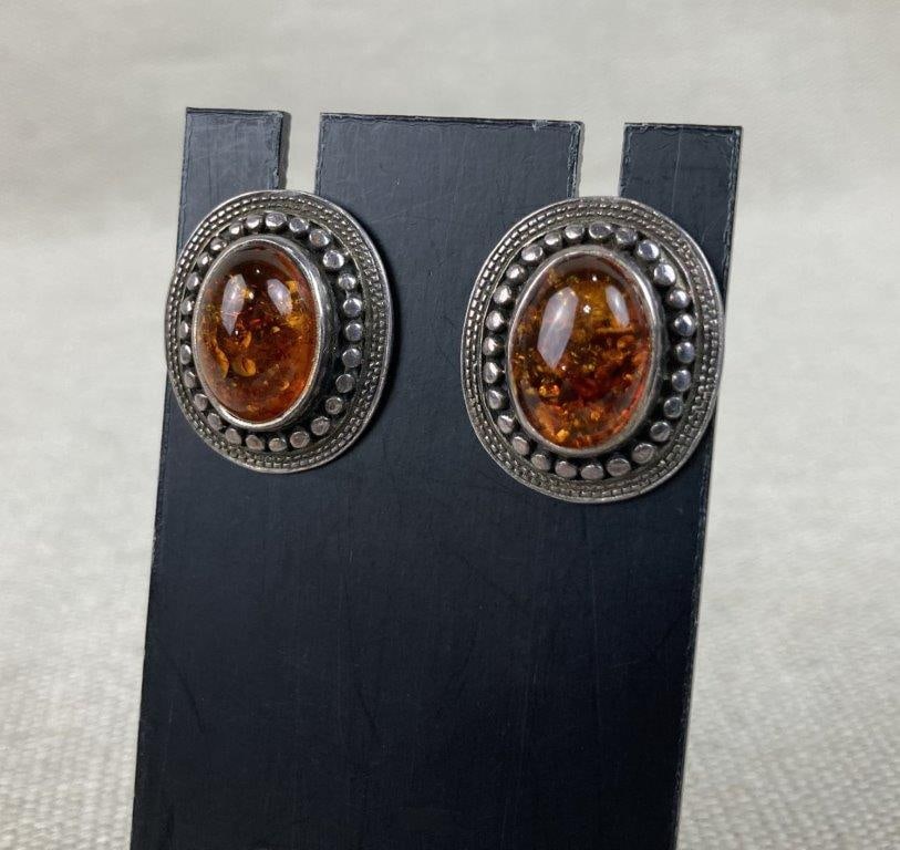 Sterling Silver and Amber Stud Earrings - 2