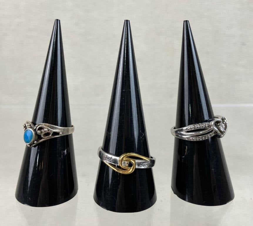 Sterling Silver Fashion Rings: A three-piece assortment of sterling silver rings offering a beautifully diverse mix of romantic, personalized, and Southwestern styles. The assortment includes a gold vermeil bypass-style ring set wi