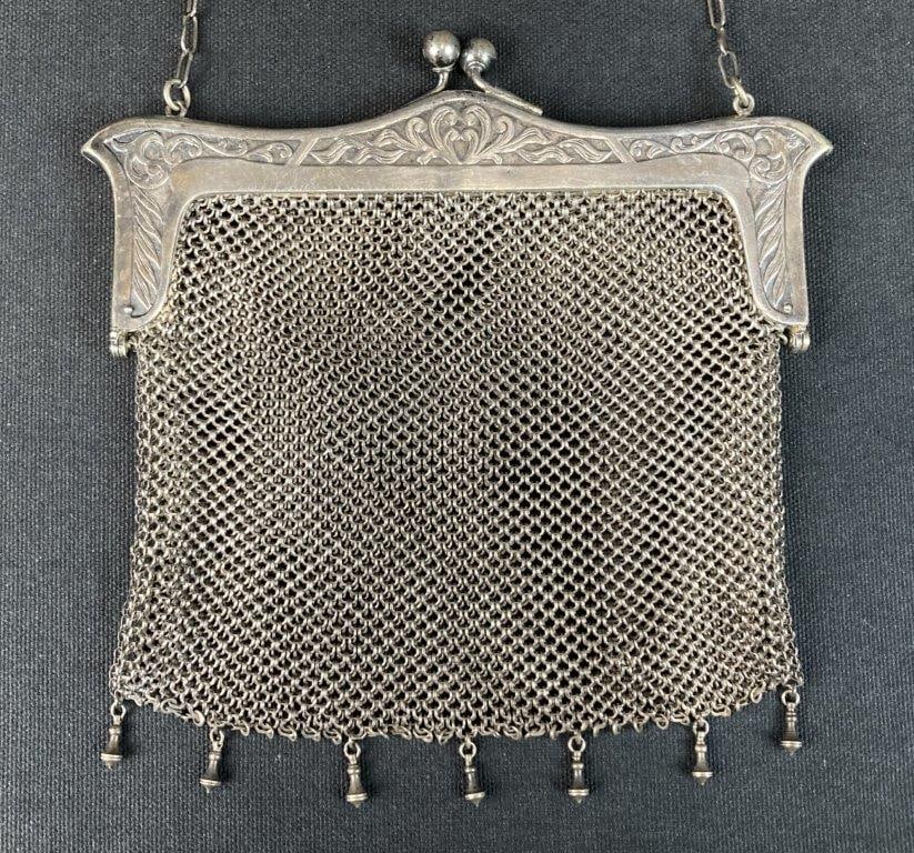 Art Nouveau German Silver Mesh Evening Bag - 2