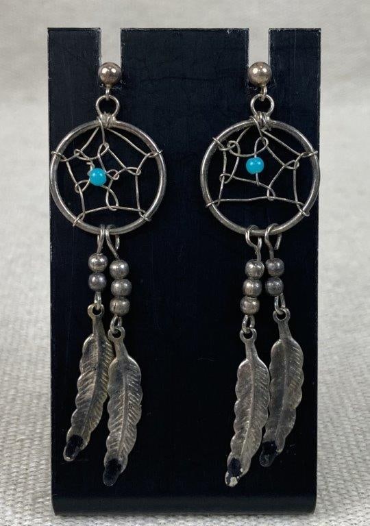 Native American Sterling Silver Pin and Silvertone Dream Catcher Earrings - 2
